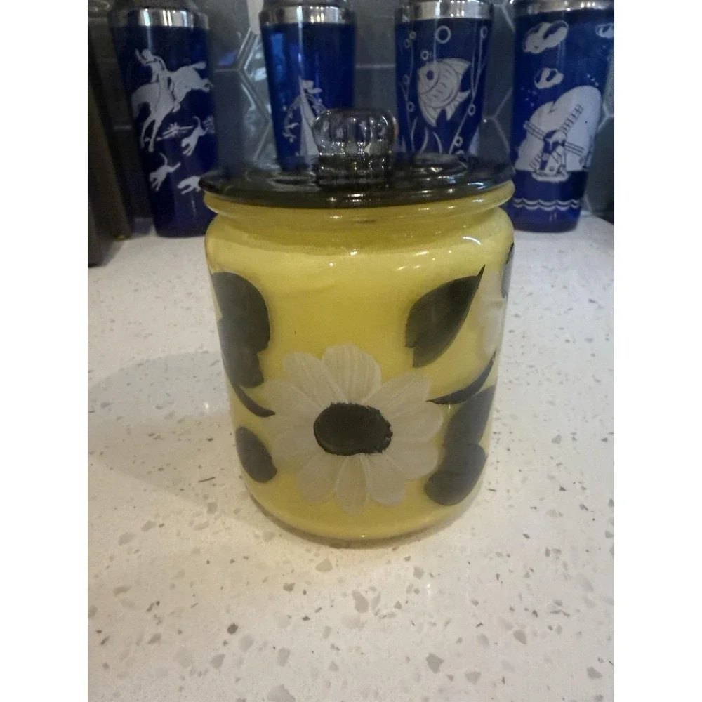 Anchor Hocking Mid Century Hand Painted Yellow Black Flower 5
